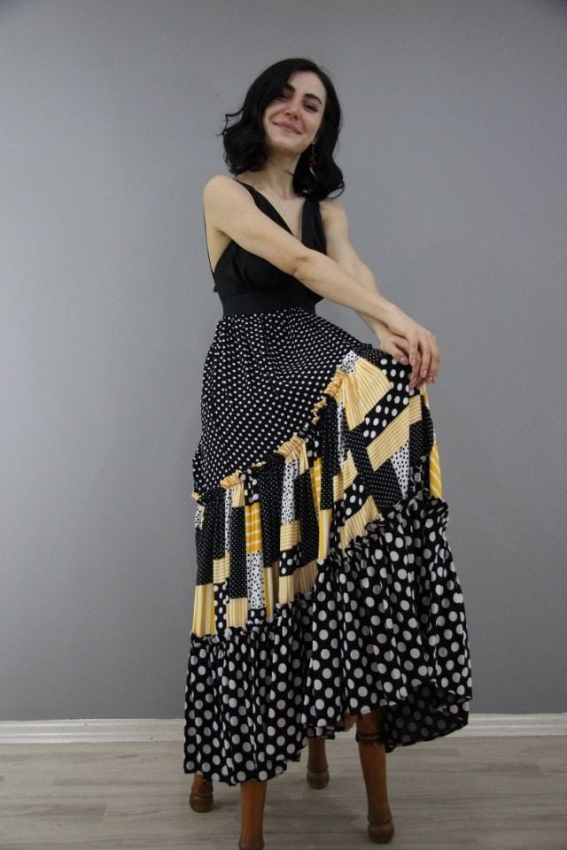 Siyah Sarı Patchwork Puantiyeli Elbise