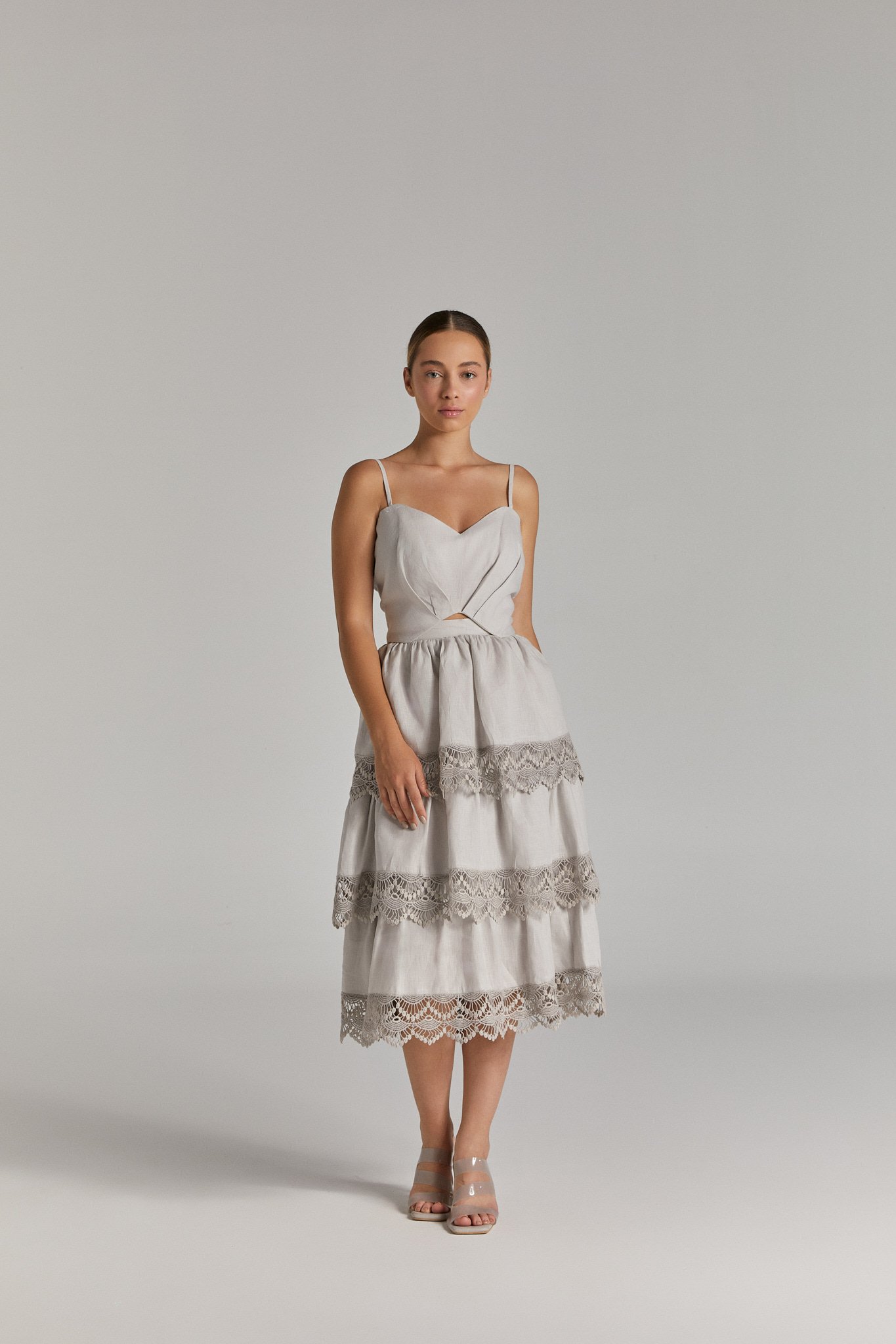 Gri Keten Katlı Etek ve Büstiyer Takım