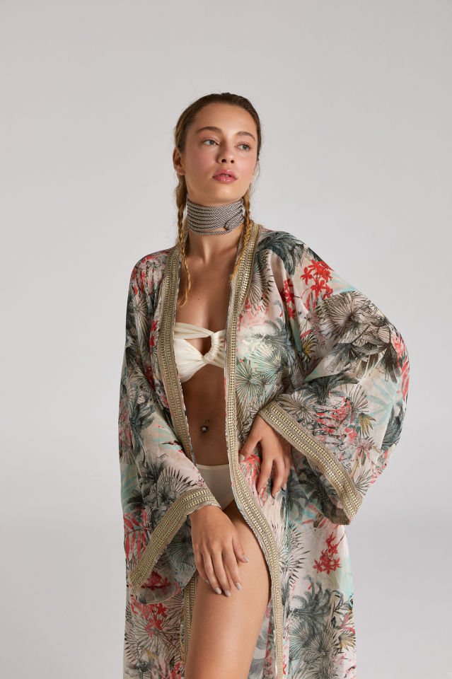 Gri Desenli Maxi Kimono