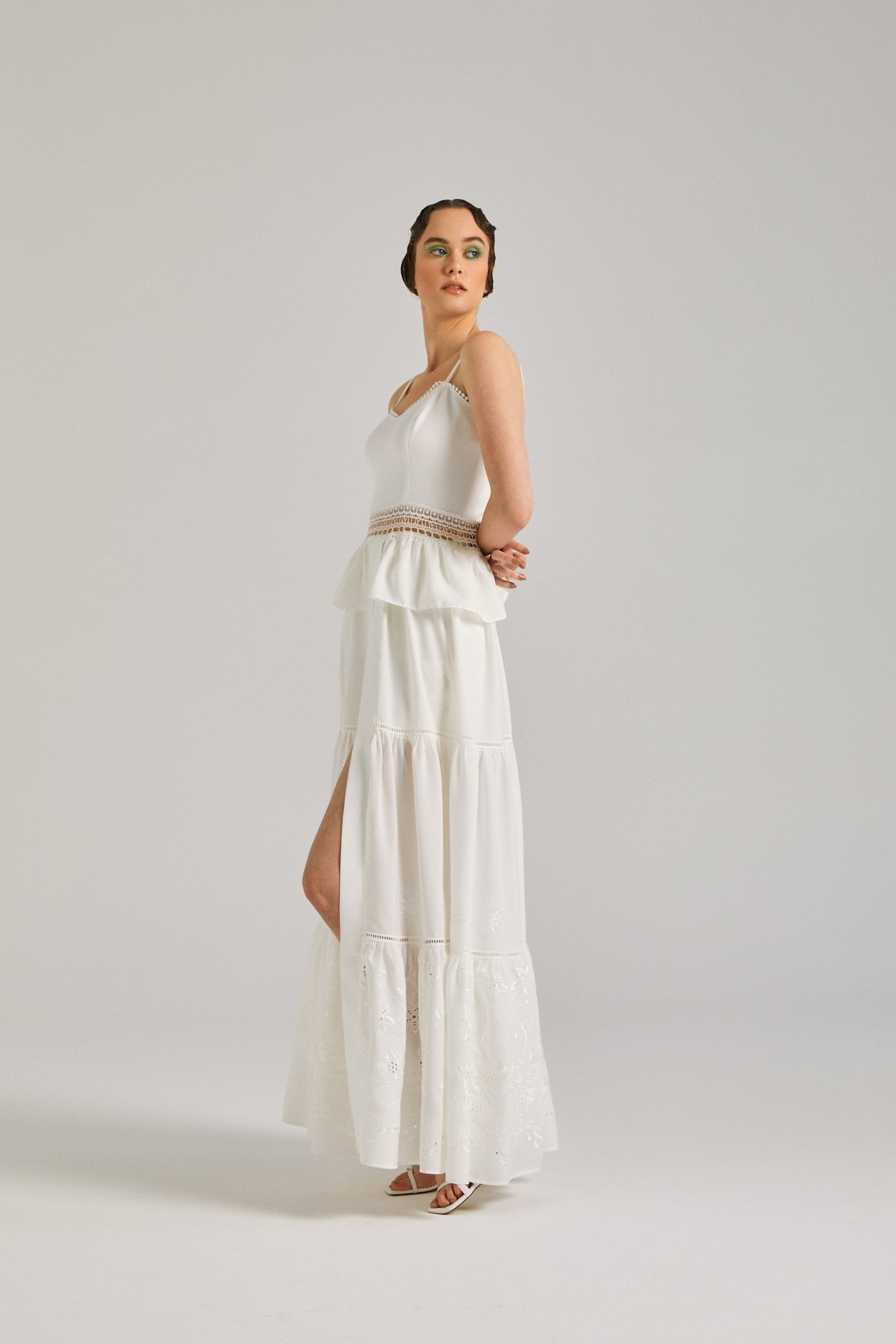 Rina, Yazlık, Uzun Elbise, Keten Elbise, Askılı Elbise, Maksi boy, Yırtmaçlı, Keten Kumaş, Dantel