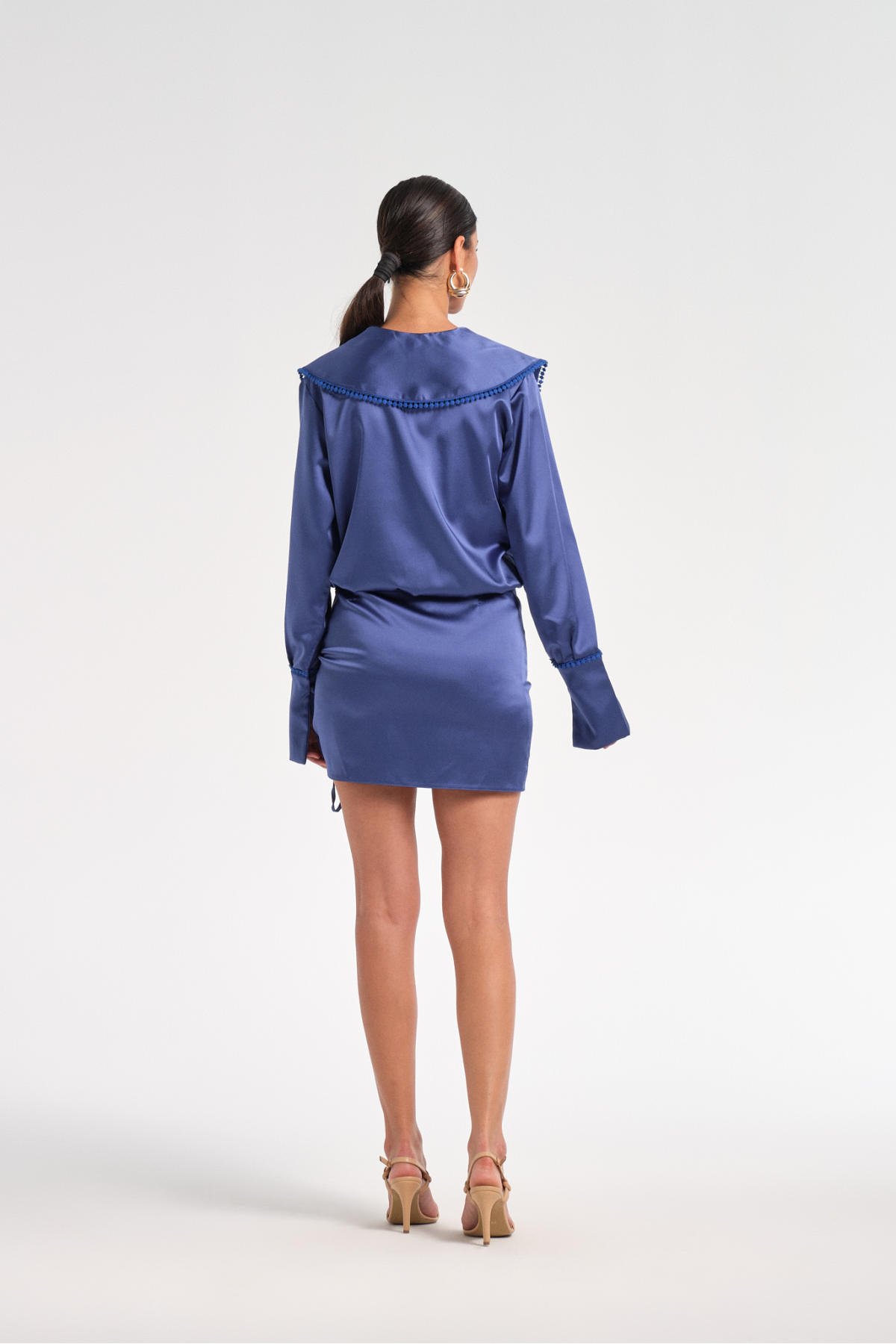 Kate, Gece Mavisi Şömiziye Yaka Saten Elbise