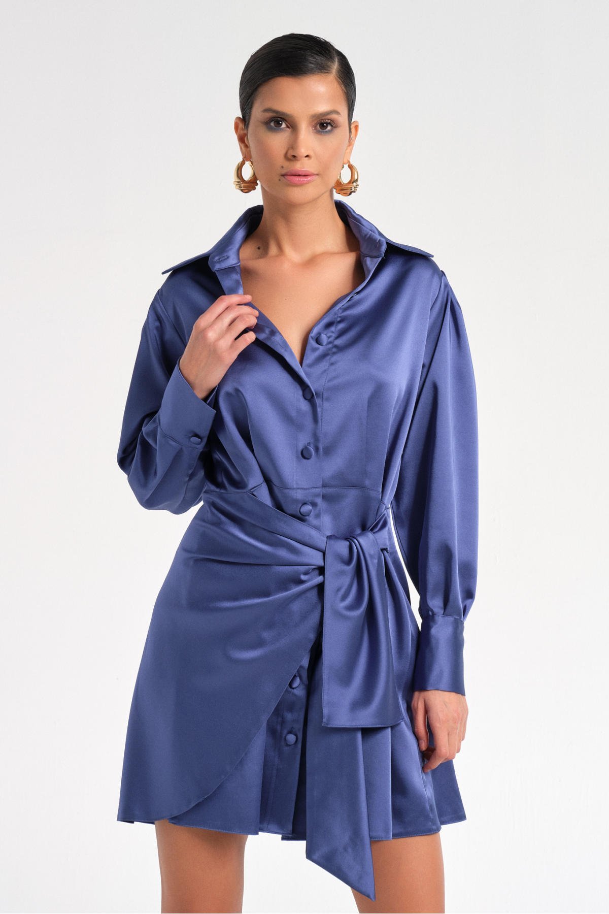 Afra, Gece Mavisi Erkek Yaka Gömlek Elbise