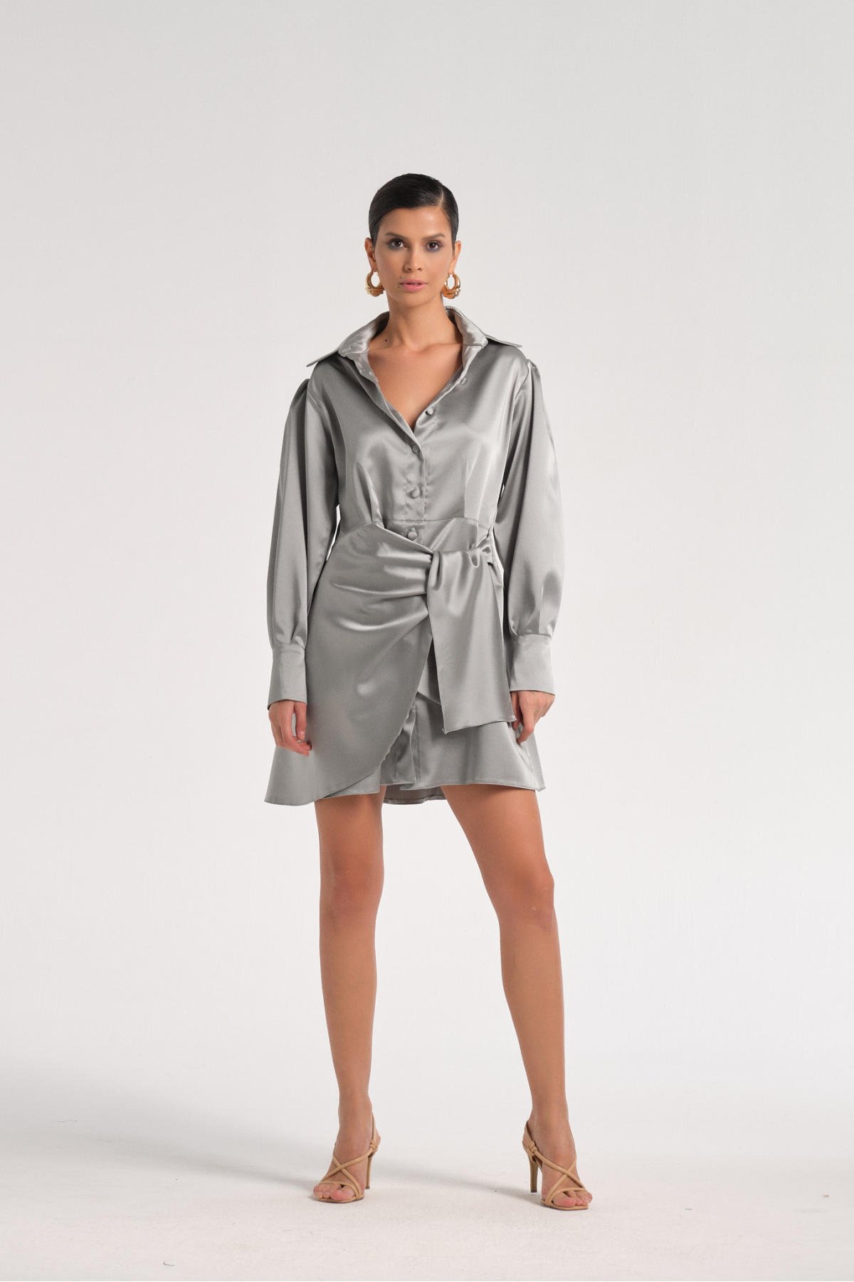 Nil, Su Yeşili Saten Gömlek Elbise