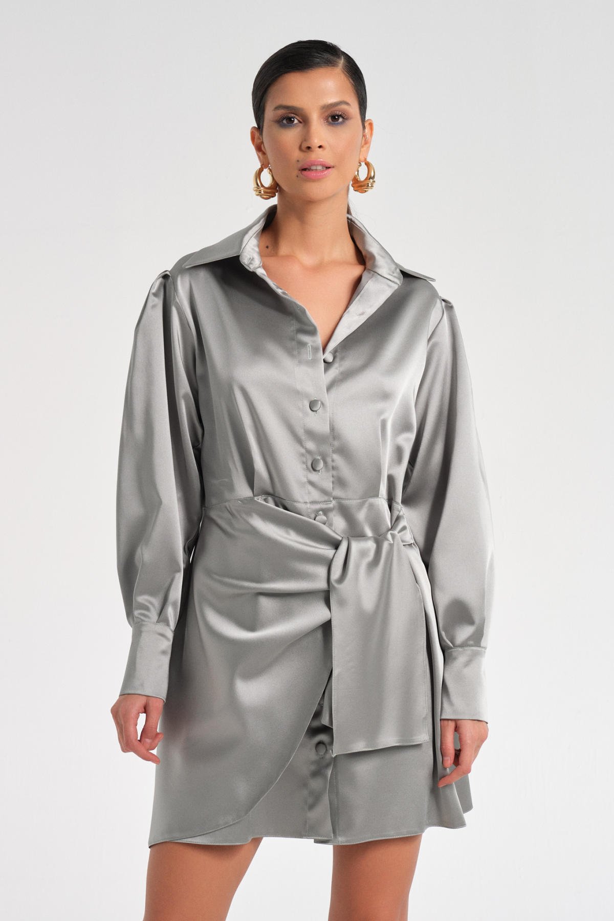 Nil, Su Yeşili Saten Gömlek Elbise