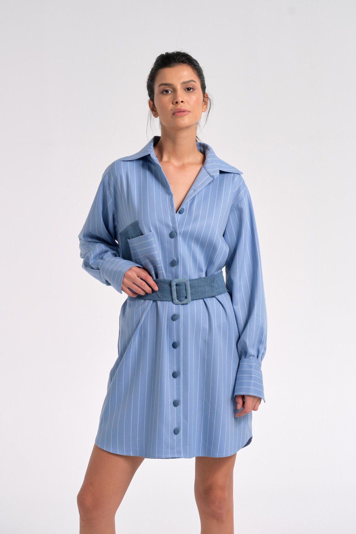 Mavi Çizgili Gömlek Elbise