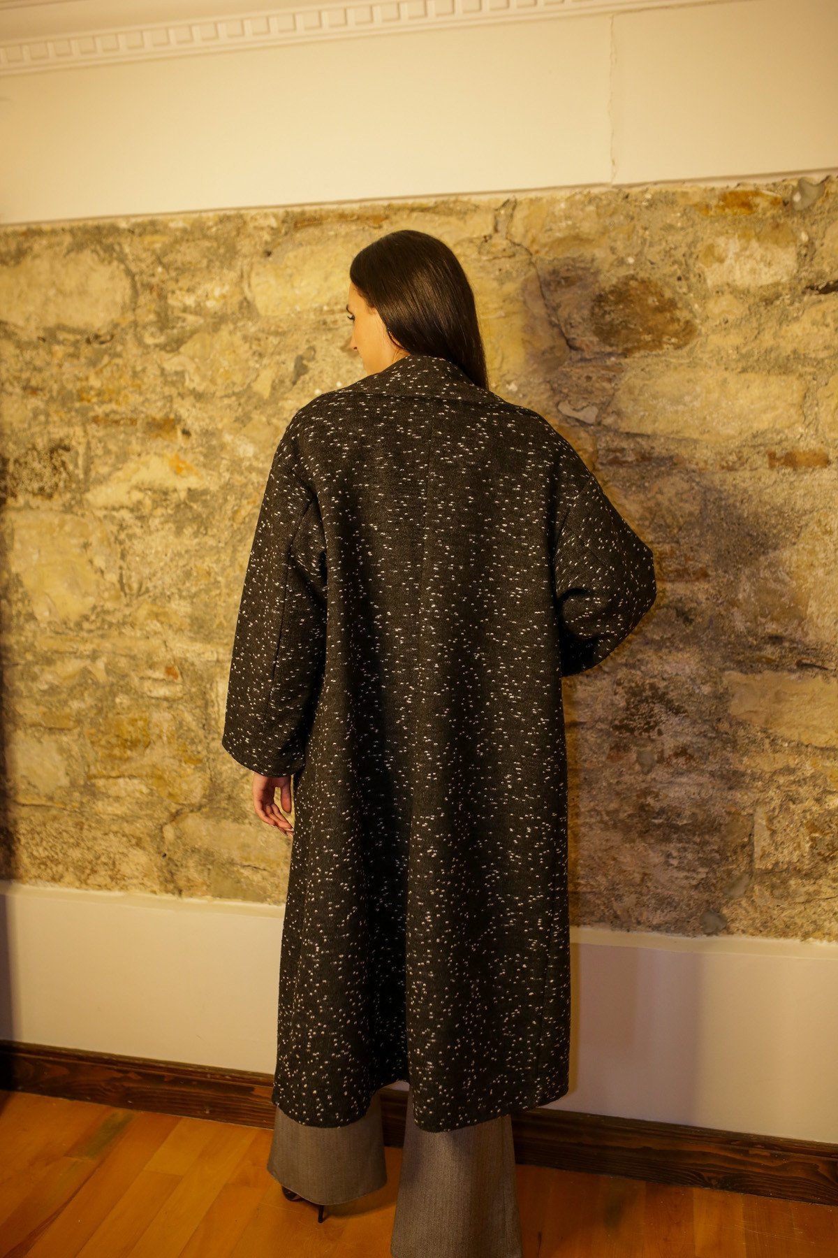 Siyah Beyaz Kırçıllı Kaşmir Kaban