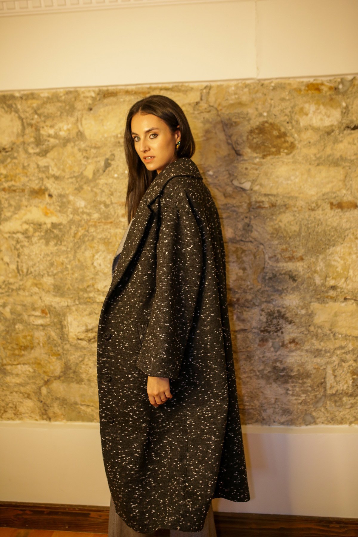 Siyah Beyaz Kırçıllı Kaşmir Kaban