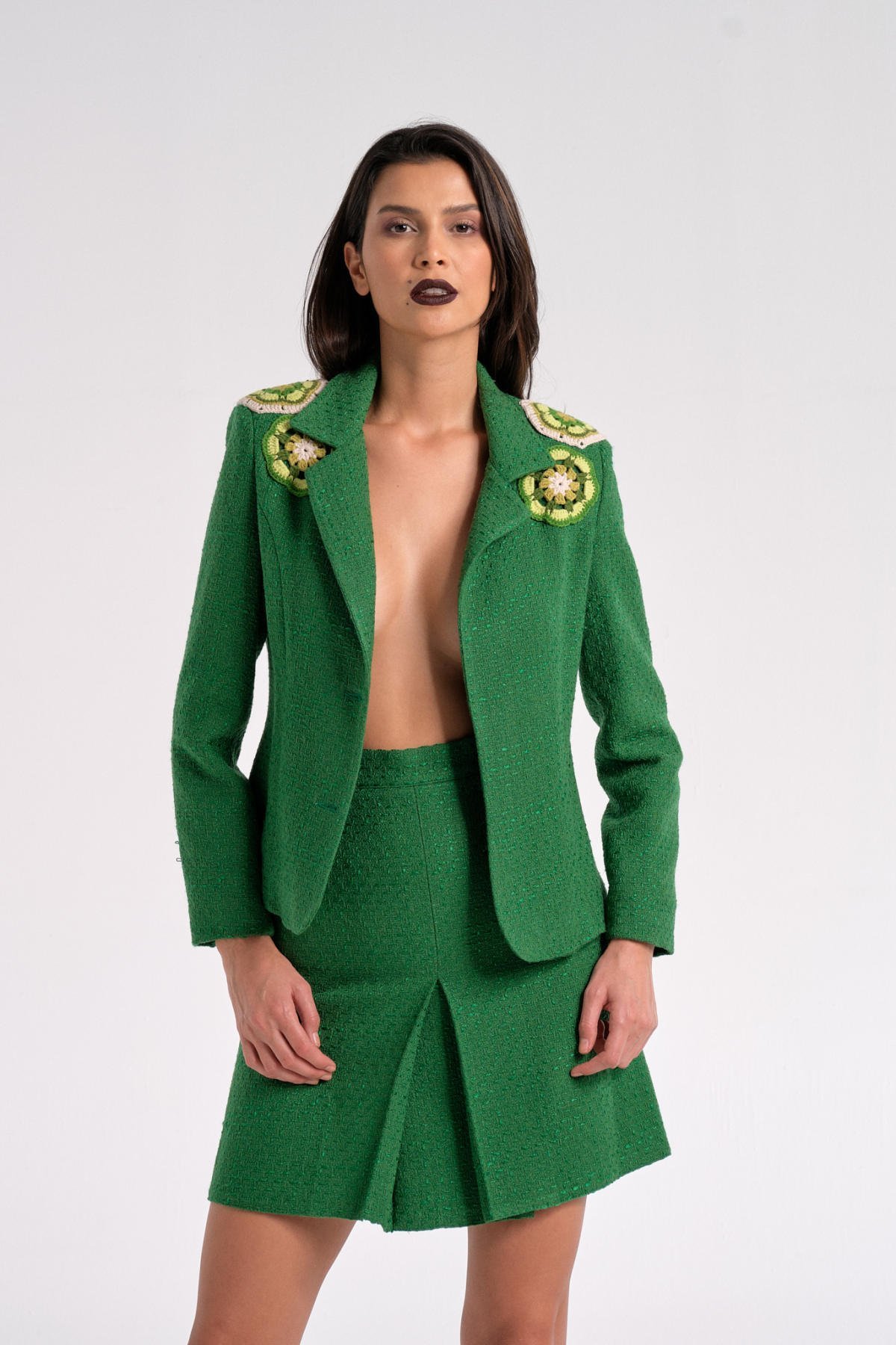 Yeşil Motif Detaylı Tüvit Ceket