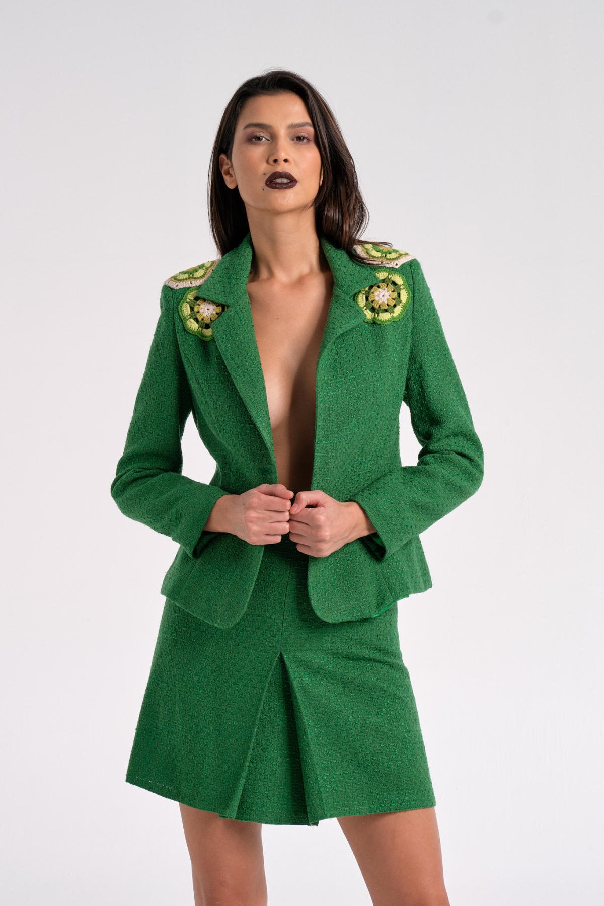 Yeşil Motif Detaylı Tüvit Ceket
