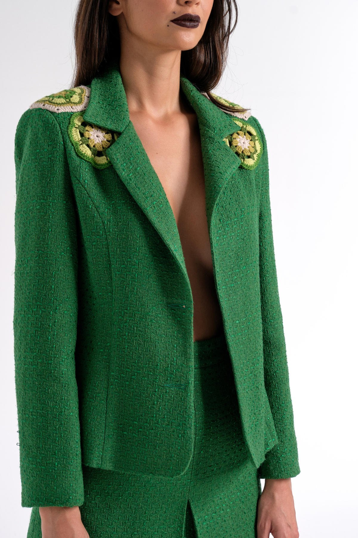 Yeşil Motif Detaylı Tüvit Ceket