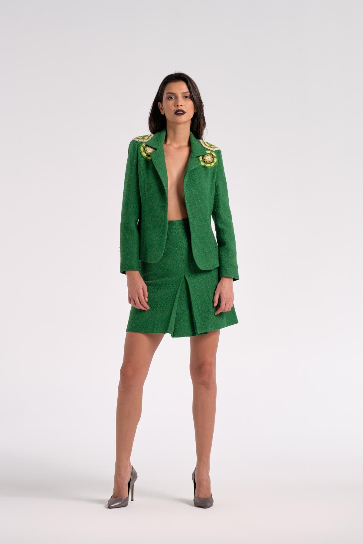 Yeşil Motif Detaylı Tüvit Ceket