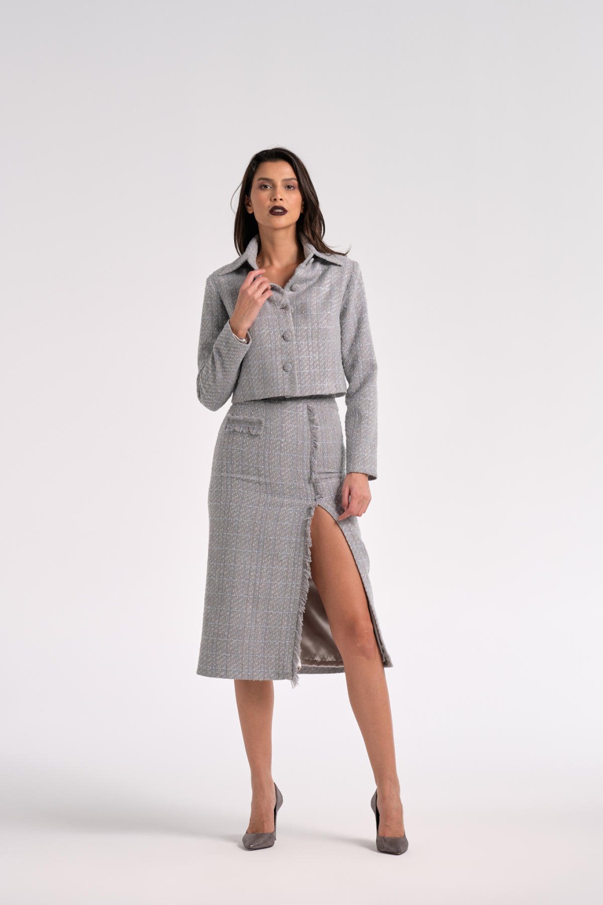 Gri Tüvit Crop Ceket