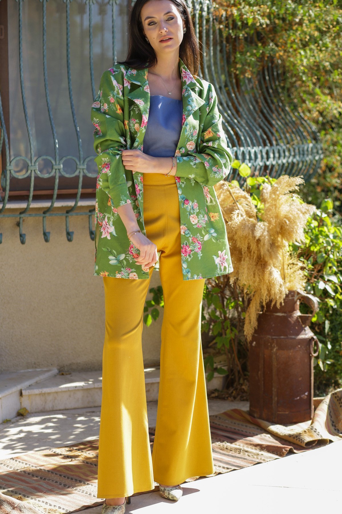 Keten Yeşil Çiçek Desenli Ceket