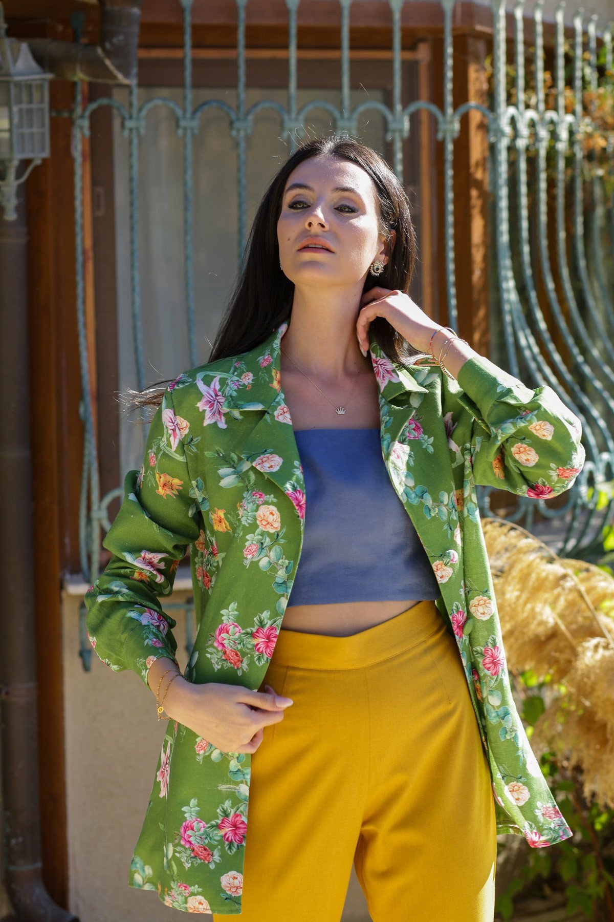 Keten Yeşil Çiçek Desenli Ceket