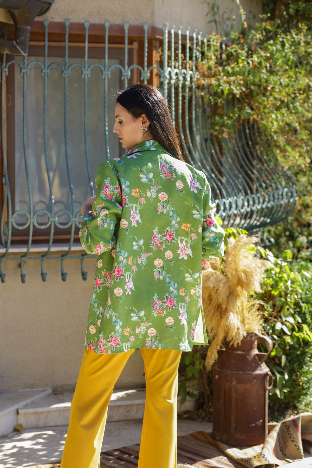 Keten Yeşil Çiçek Desenli Ceket