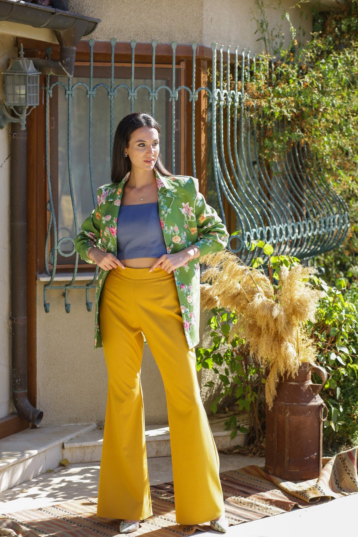 Keten Yeşil Çiçek Desenli Ceket