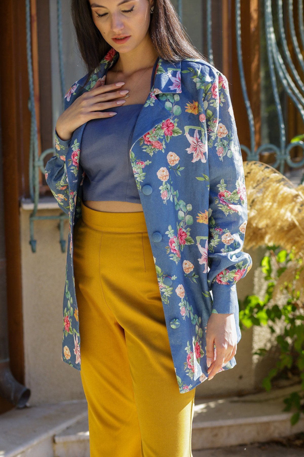 Mavi Keten Çiçek Desenli Ceket