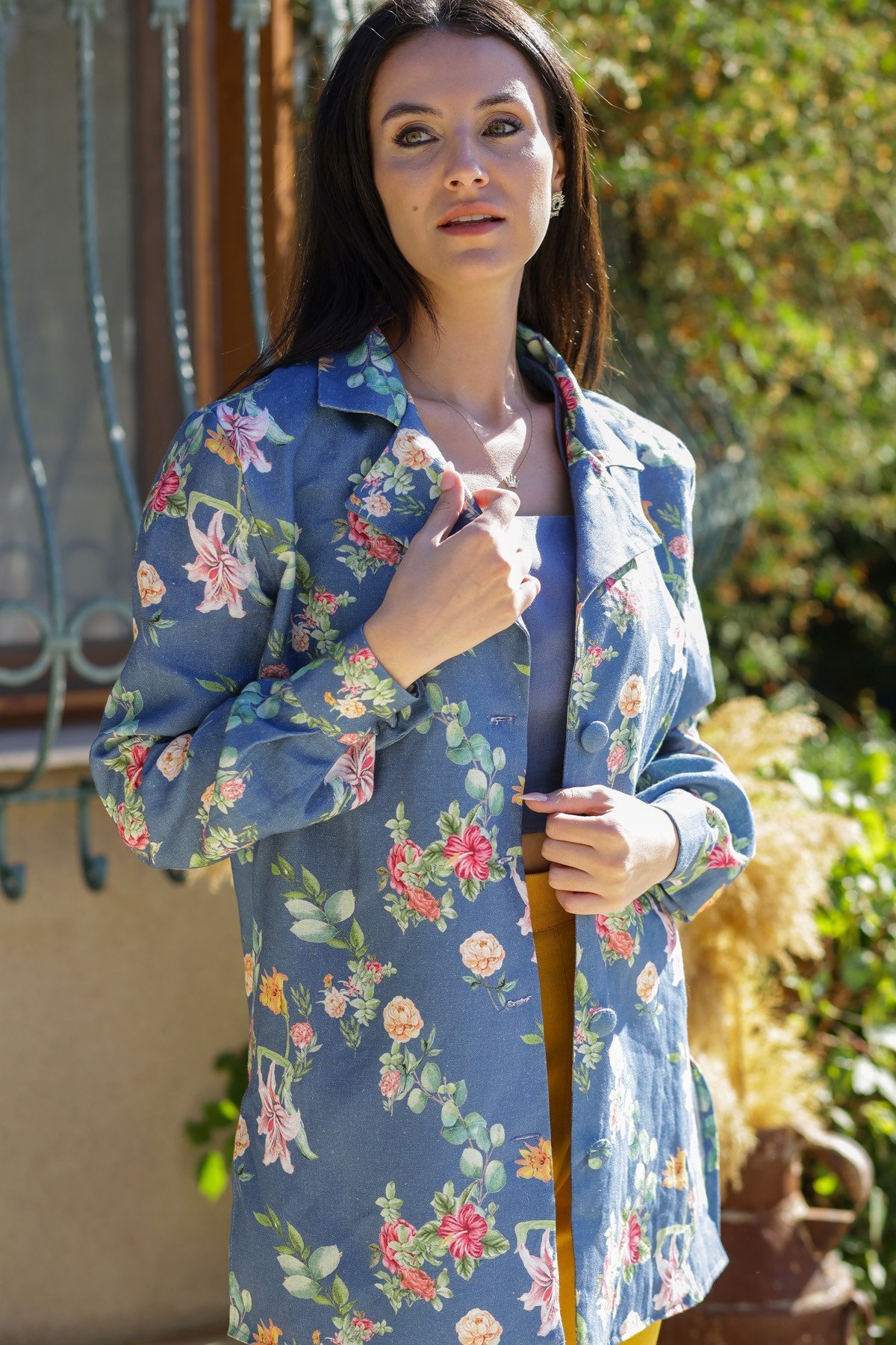Mavi Keten Çiçek Desenli Ceket