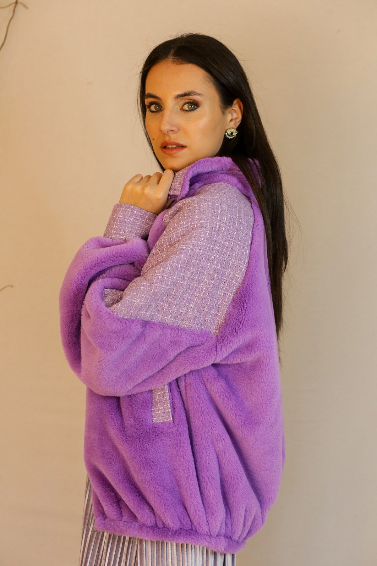 Mor Peluş Bomber Ceket