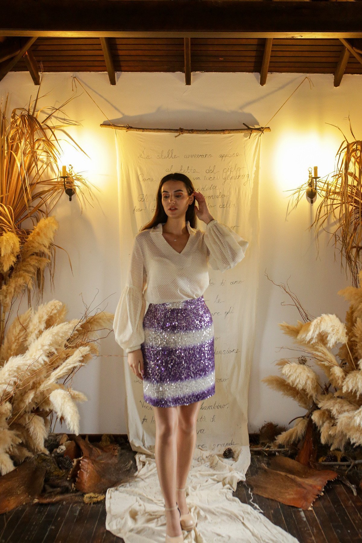 Mor Yılbaşı Payetli Etek