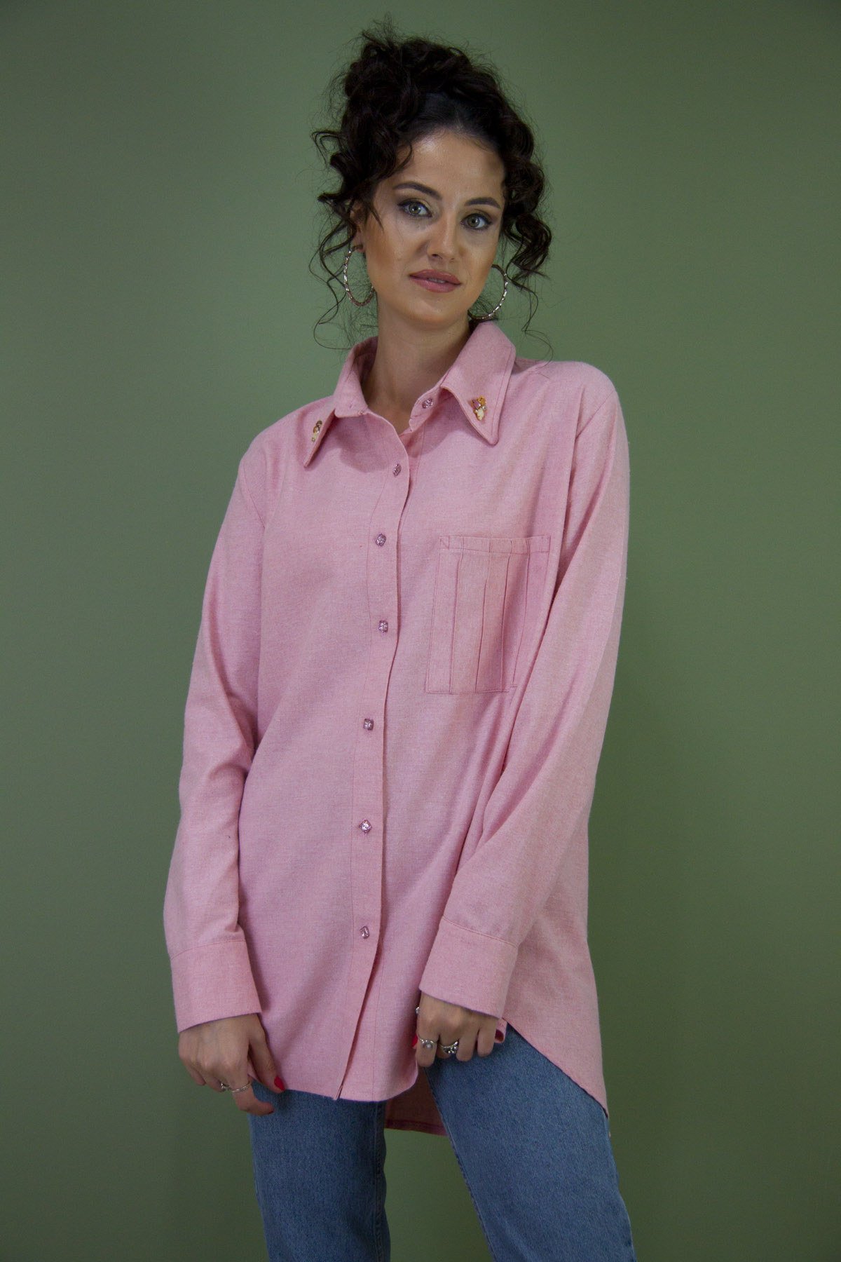 Pembe Oduncu Kumaş Taşlı Gömlek