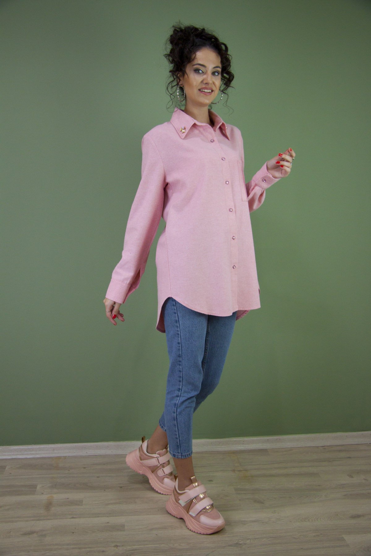 Pembe Oduncu Kumaş Taşlı Gömlek