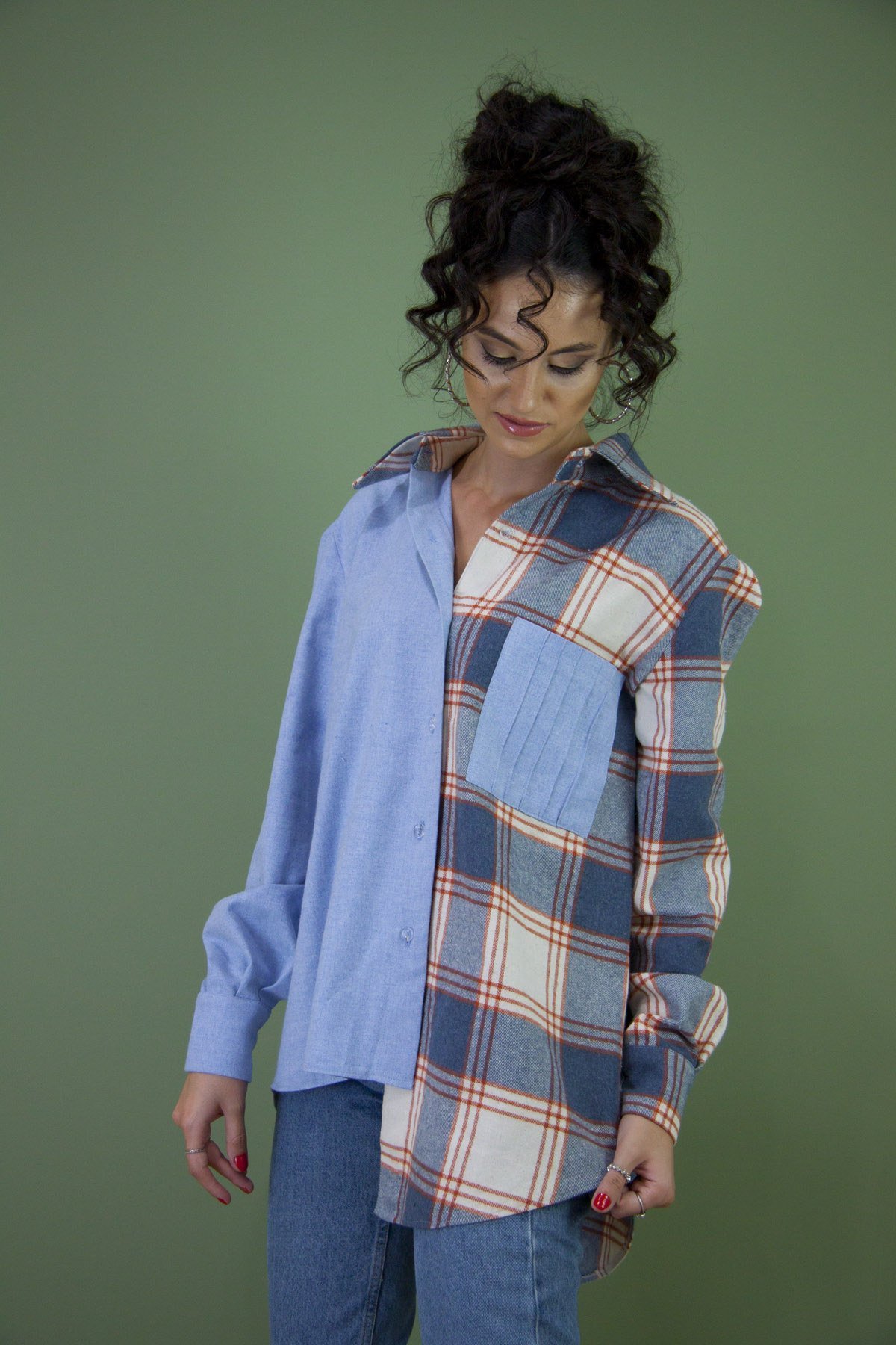 Mavi Kareli Kontrast Oduncu Kumaş Gömlek