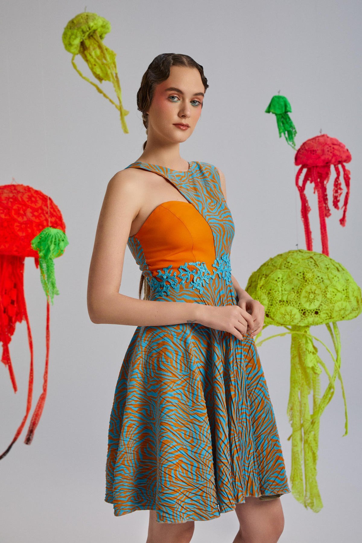 Apron, Tek Omuz, Asimetrik, Mercan Desenli, Astarlı, Pamuklu, Triko, Yazlık Elbise