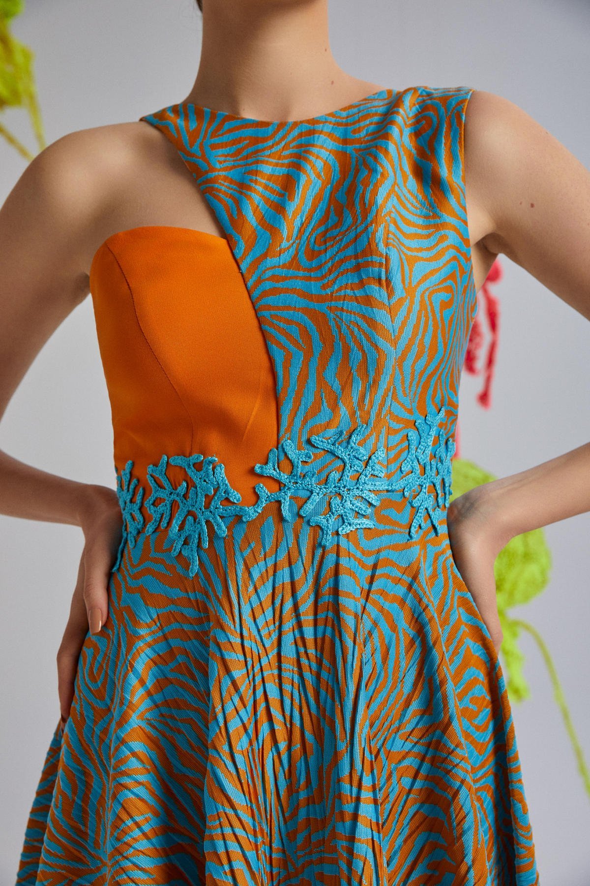 Apron, Tek Omuz, Asimetrik, Mercan Desenli, Astarlı, Pamuklu, Triko, Yazlık Elbise