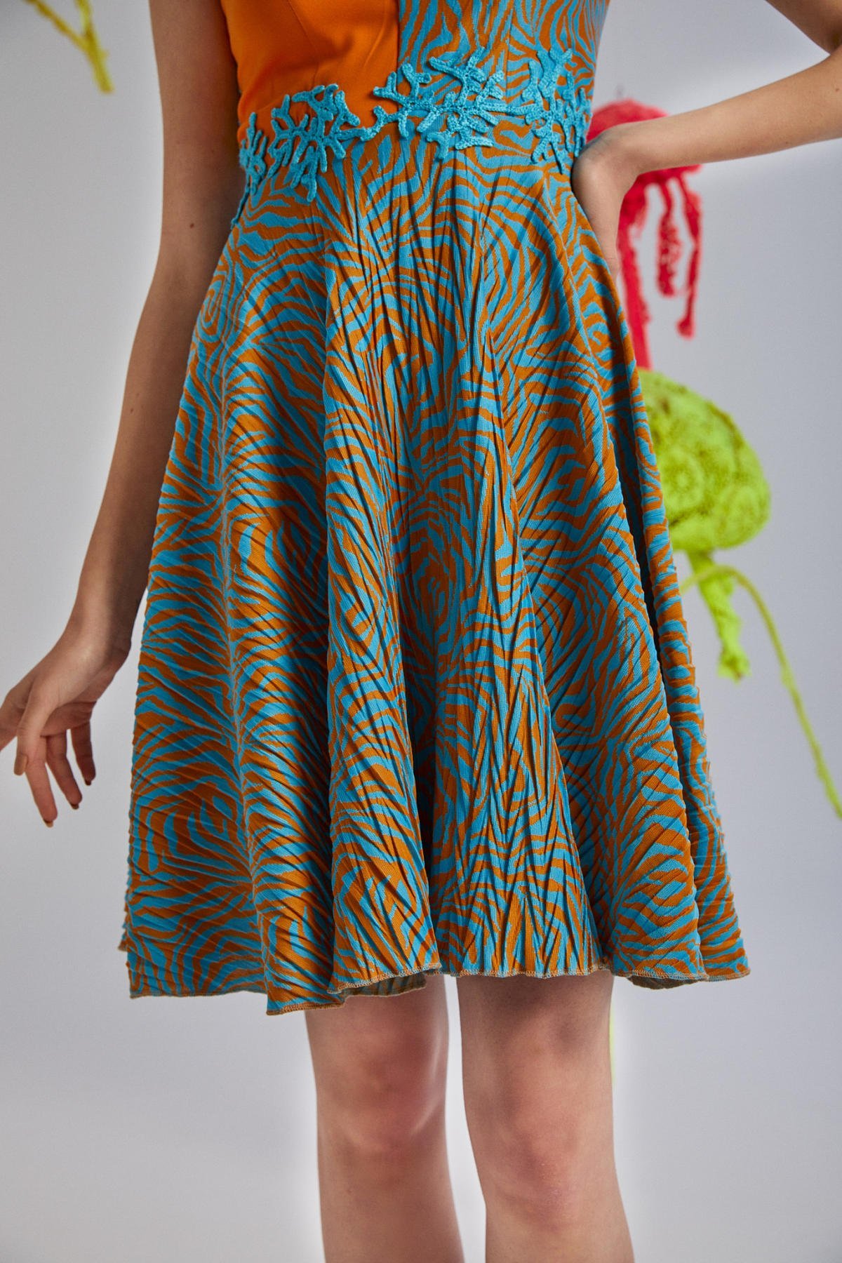 Apron, Tek Omuz, Asimetrik, Mercan Desenli, Astarlı, Pamuklu, Triko, Yazlık Elbise