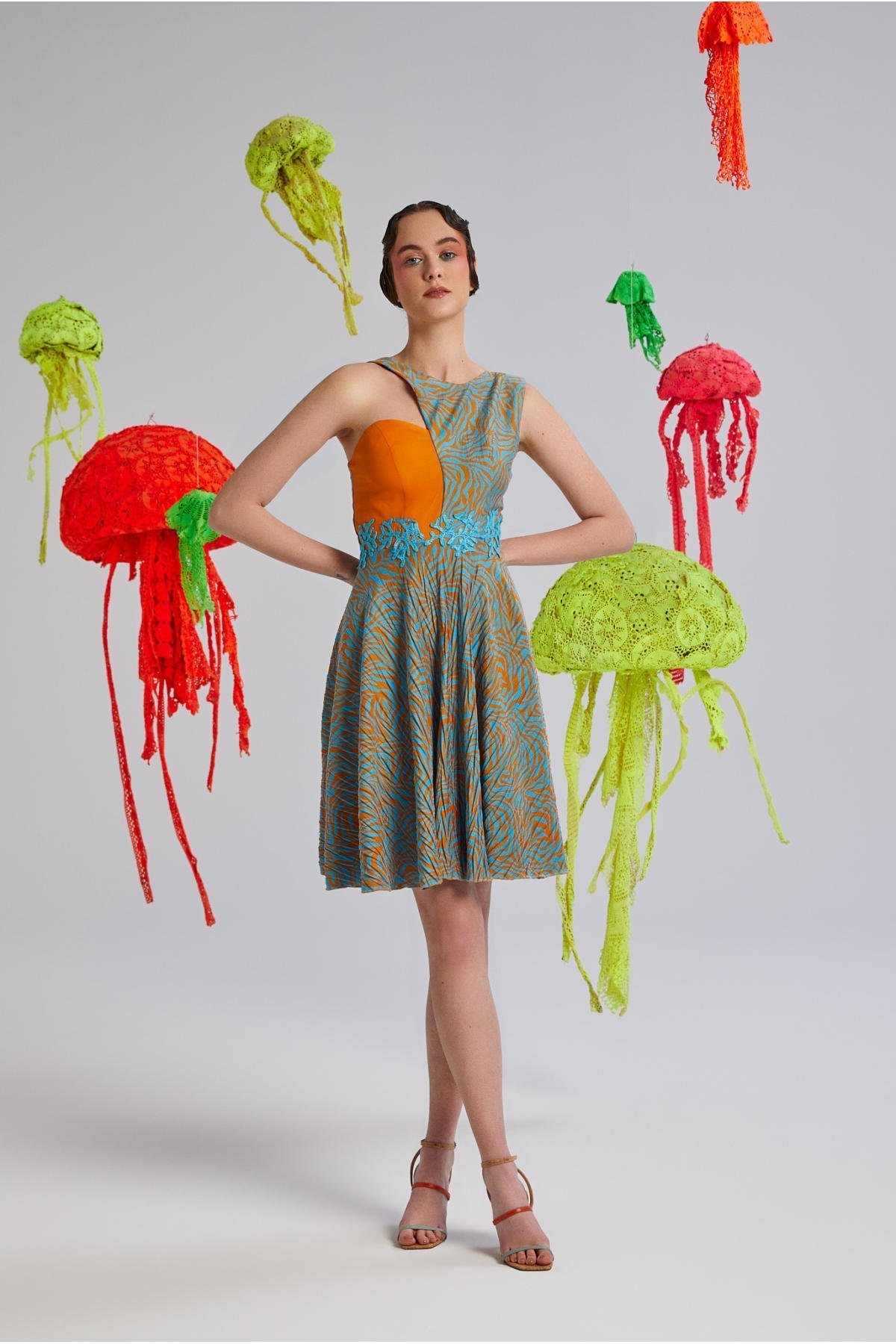 Apron, Tek Omuz, Asimetrik, Mercan Desenli, Astarlı, Pamuklu, Triko, Yazlık Elbise