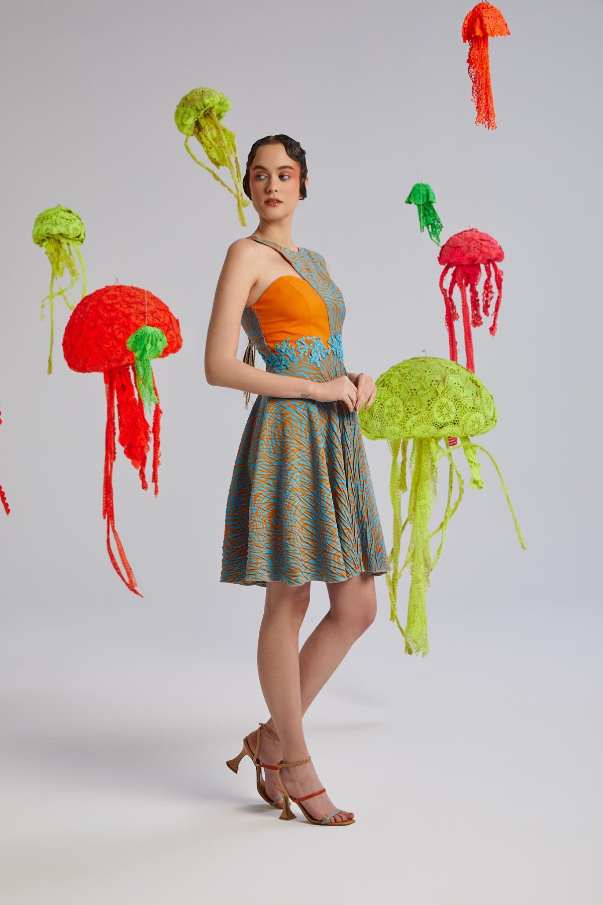 Apron, Tek Omuz, Asimetrik, Mercan Desenli, Astarlı, Pamuklu, Triko, Yazlık Elbise