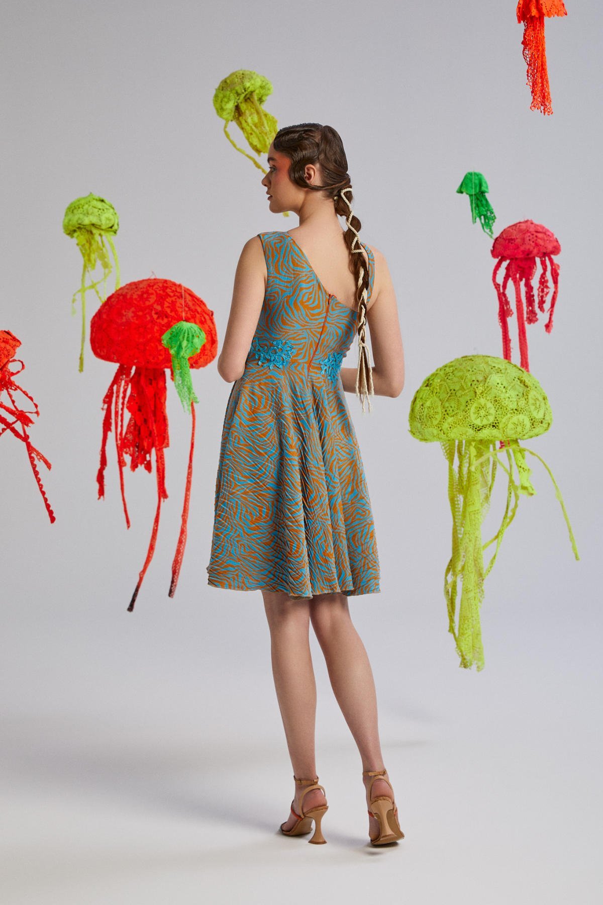 Apron, Tek Omuz, Asimetrik, Mercan Desenli, Astarlı, Pamuklu, Triko, Yazlık Elbise