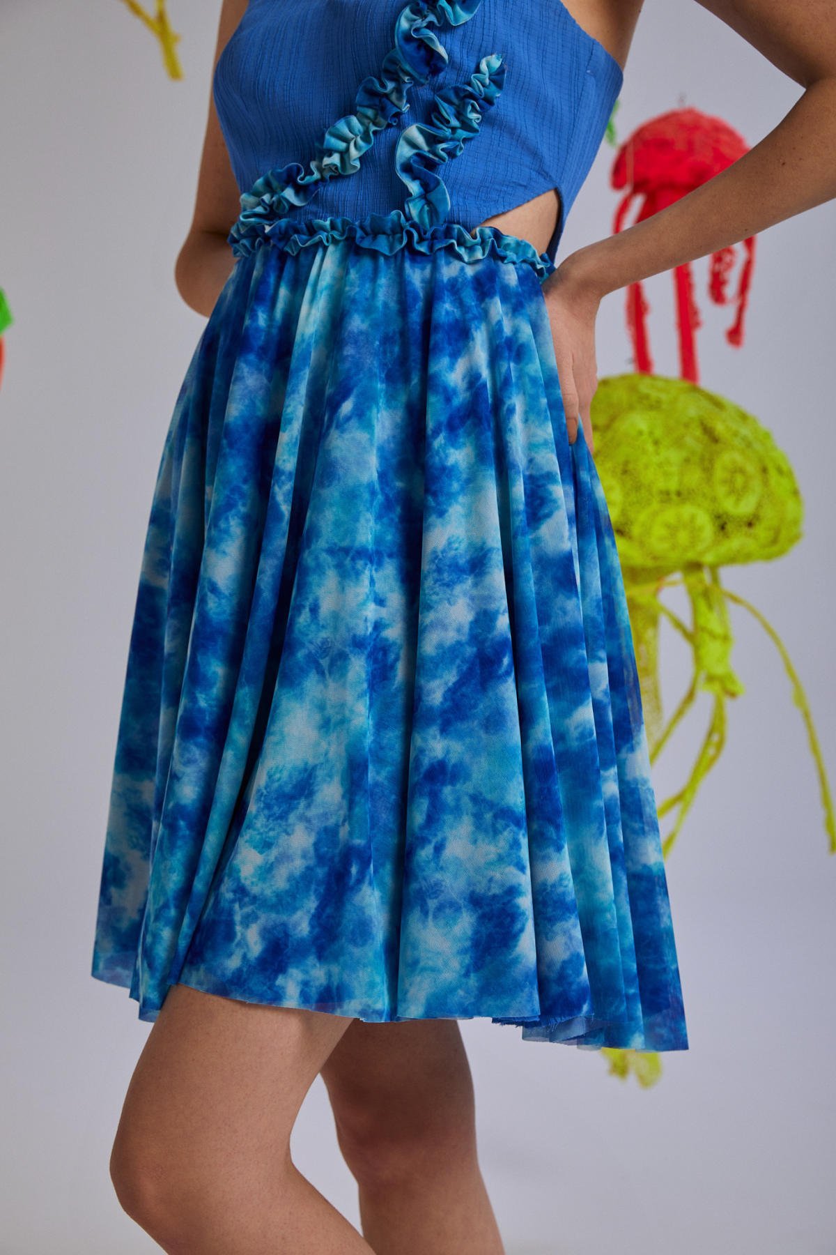 Maxima, Saks Mavisi, Büzgülü, Asimetrik, Pencere Detaylı, Tek Askılı, Astarlı, Yazlık Elbise