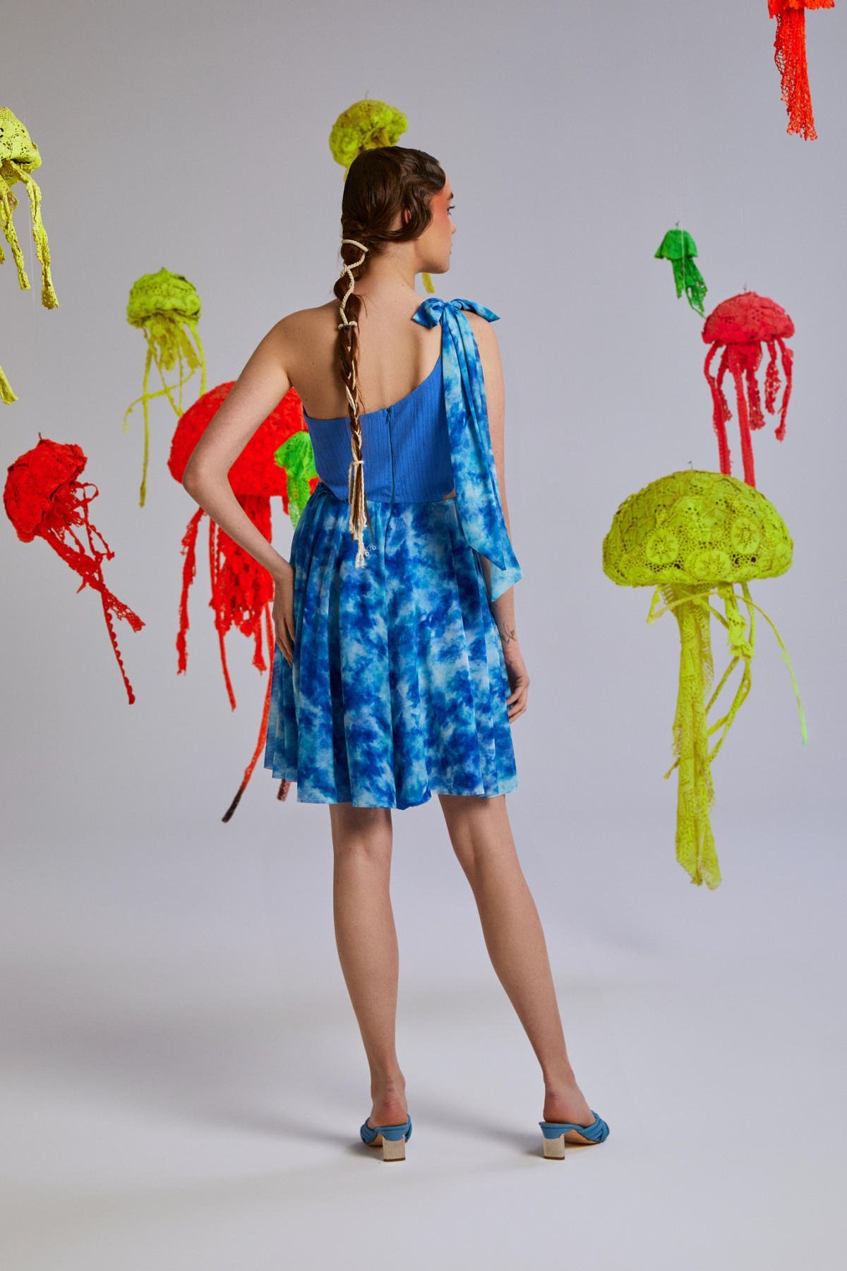 Maxima, Saks Mavisi, Büzgülü, Asimetrik, Pencere Detaylı, Tek Askılı, Astarlı, Yazlık Elbise