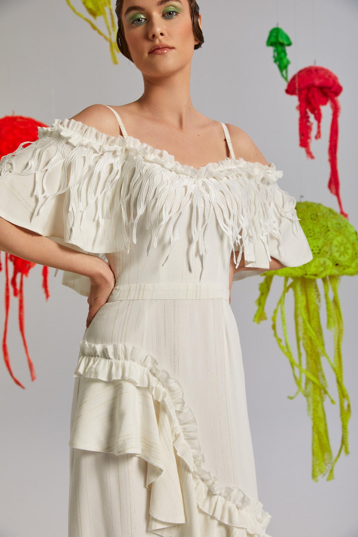 Pellucid, Fırfırlı, Spagetti Askılı, Volanlı, Öpücük Yaka, Yazlık Elbise