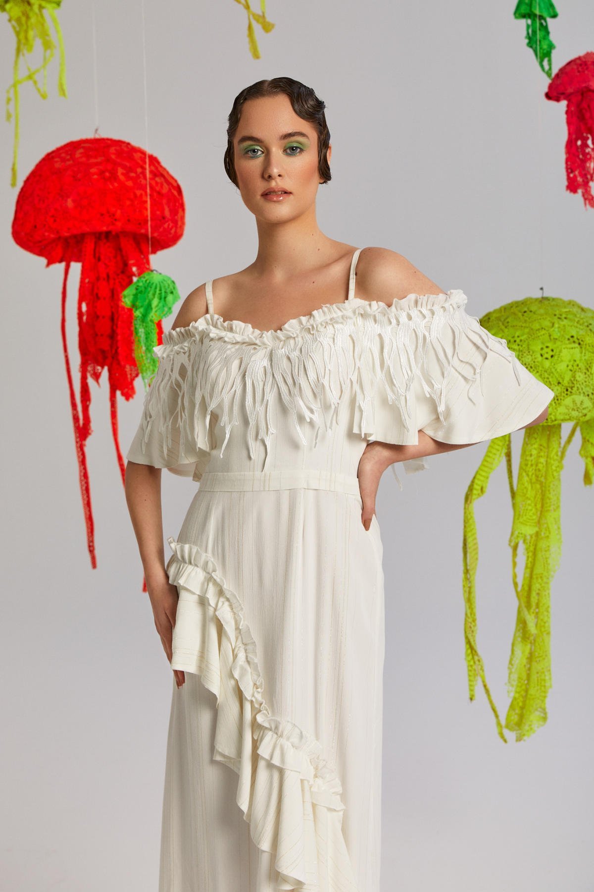 Pellucid, Fırfırlı, Spagetti Askılı, Volanlı, Öpücük Yaka, Yazlık Elbise