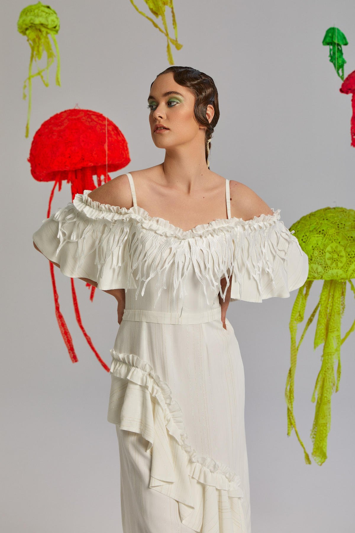 Pellucid, Fırfırlı, Spagetti Askılı, Volanlı, Öpücük Yaka, Yazlık Elbise