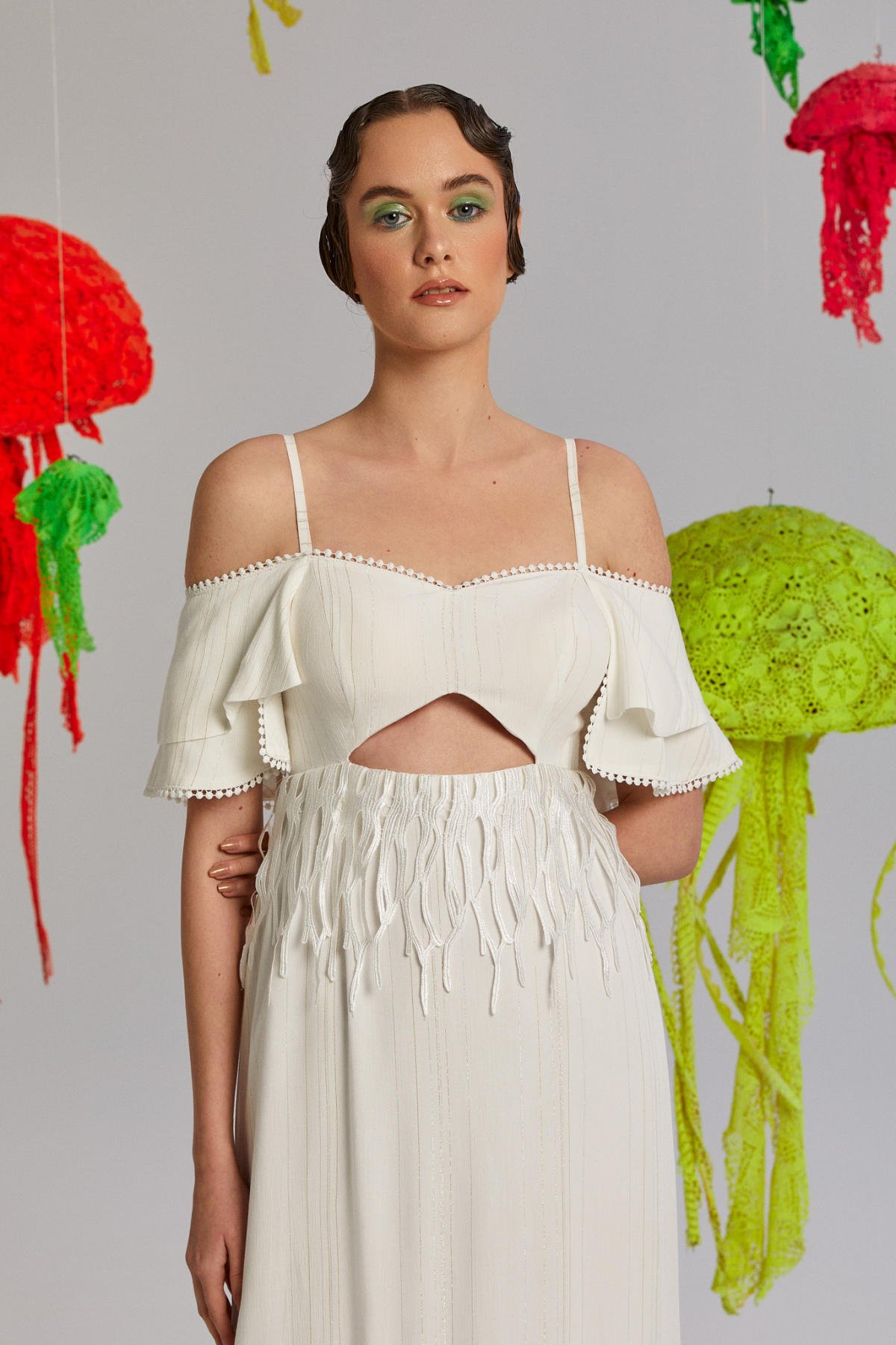 Finger Coral, Bel Dekolteli, Spagetti Askılı, Mercan Detaylı, Maksiboy, Yazlık Elbise