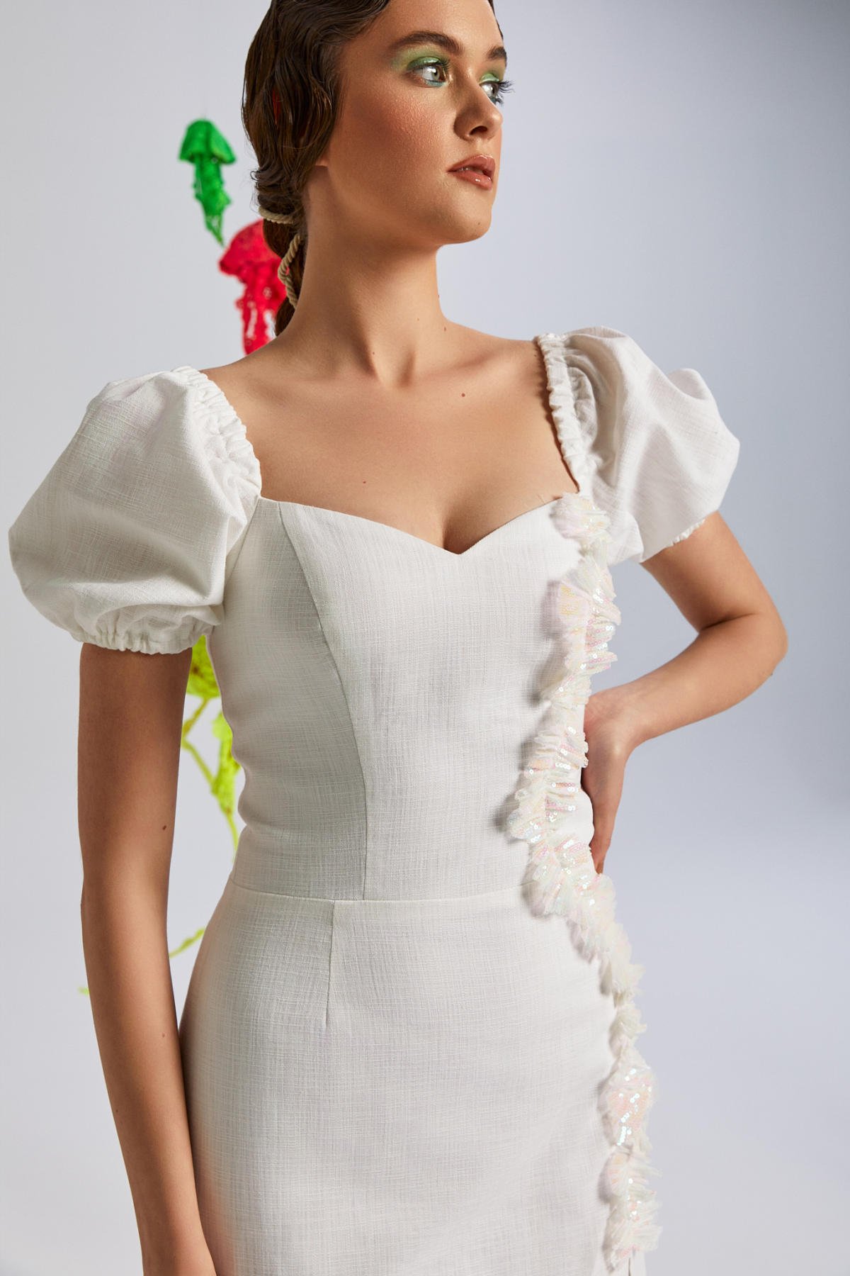 Soft, Keten, Balon Kol, Midiboy, Derin Yırtmaç, Yazlık Elbise