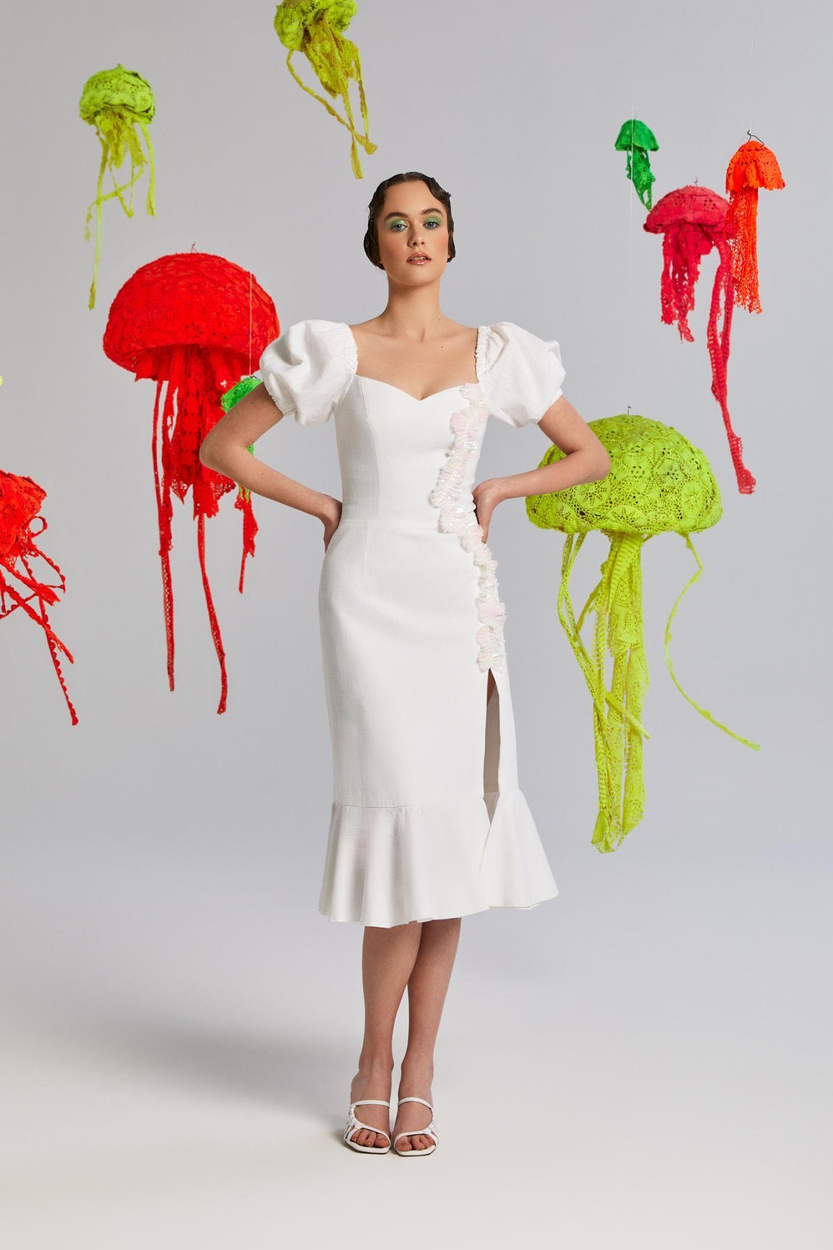 Soft, Keten, Balon Kol, Midiboy, Derin Yırtmaç, Yazlık Elbise