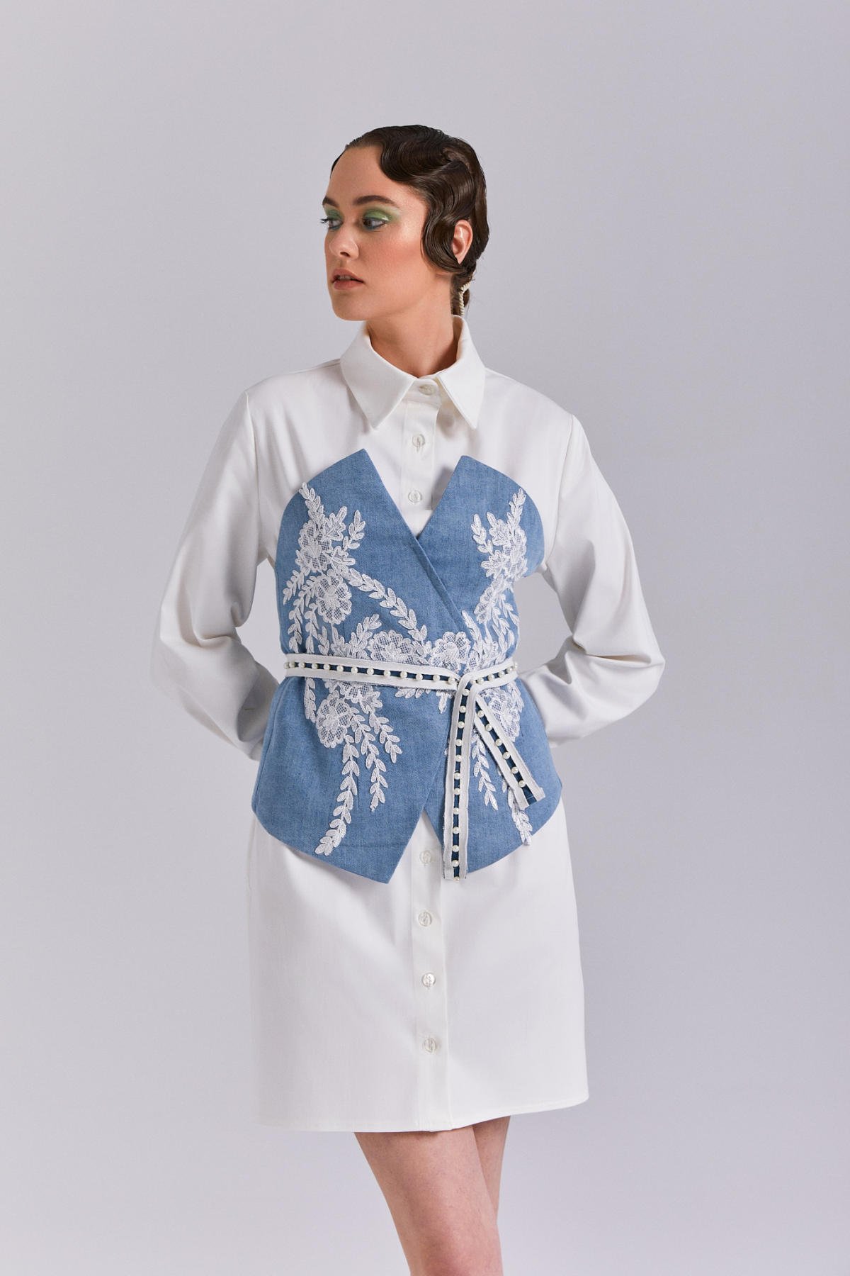 Gömlek  Elbise, Kot Detaylı, Aplikeli Elbise, Beyaz Gömlek, Denim Gömlek Elbise, Kot Büstiyer
