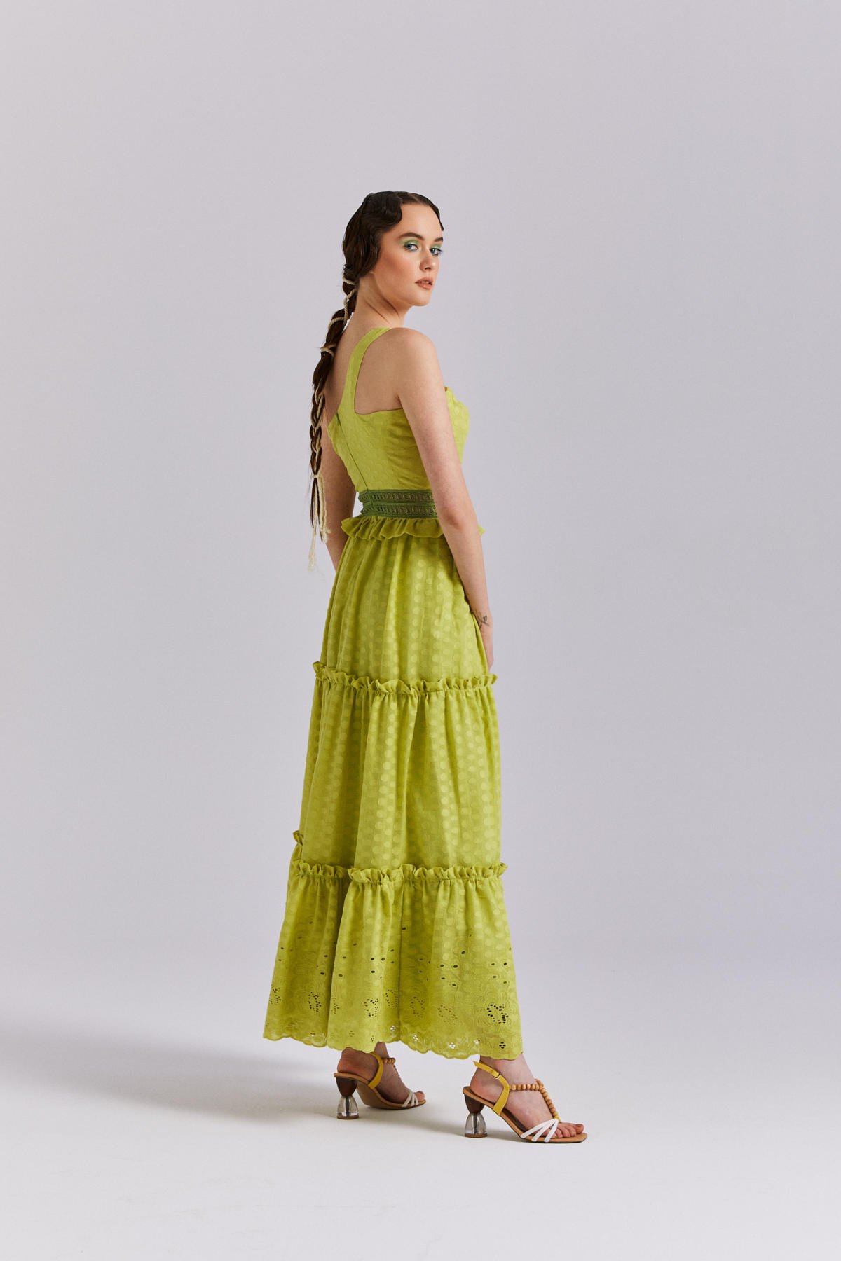 Verde Maksi Boy Elbise, Fıstık Yeşili, Maksi Elbise, Fırfırlı, Tek Omuz Elbise, Kemer Detaylı Elbise