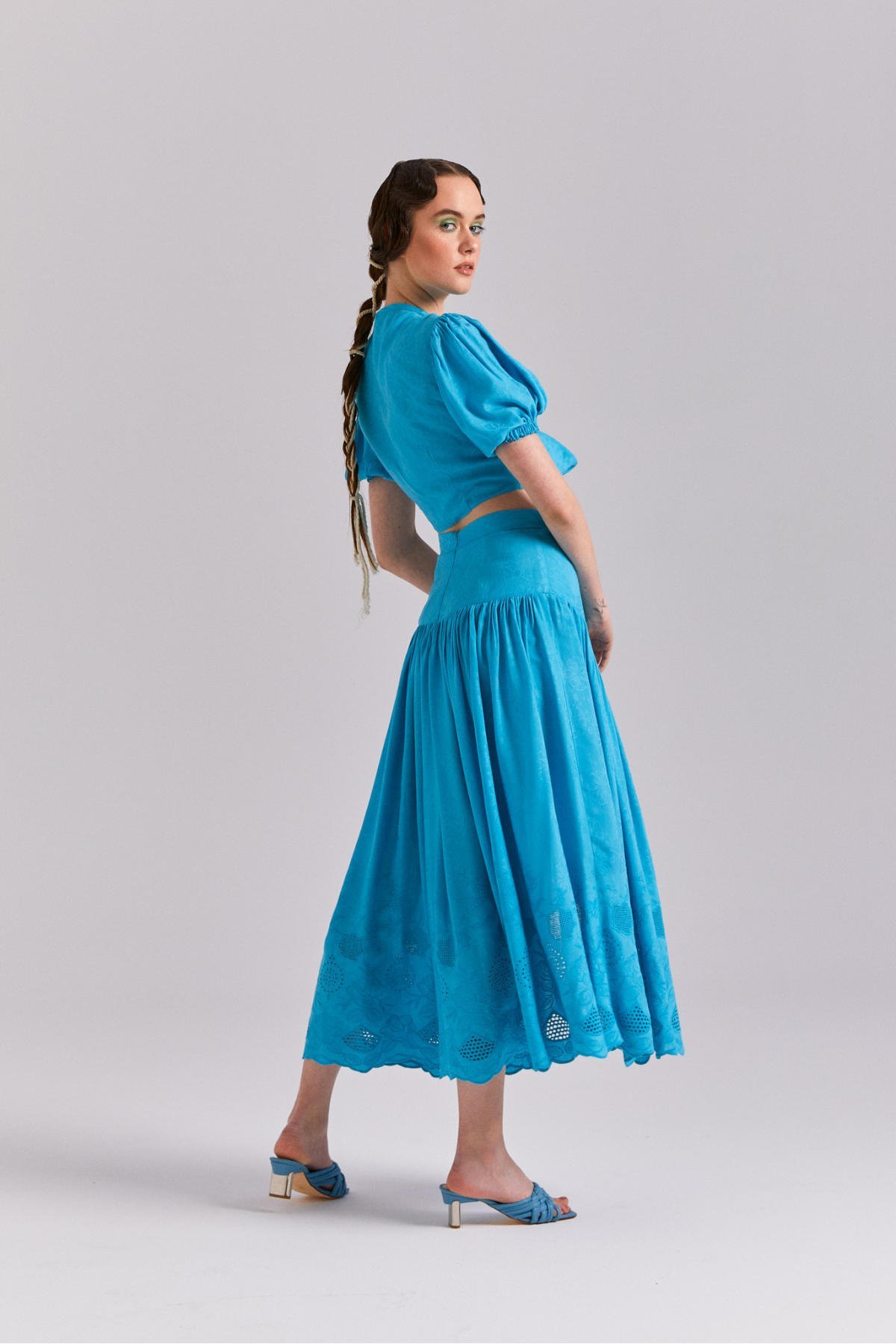 Pakohontas, Crop Etek Takım, Balon Kol, Bağlama Detaylı Bluz, Yırtmaçlı Etek, Viskon Etek