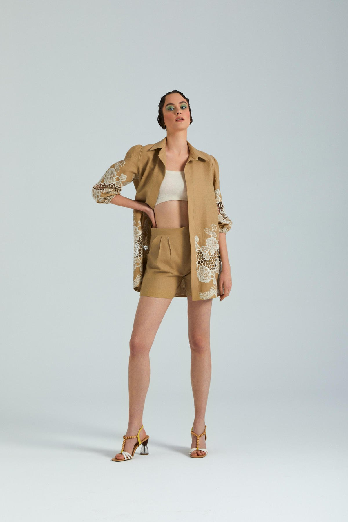 Rosa, Şort Ceket Takım, Keten Takım, Truvakar Kol, Yazlık, Gömlek Ceket