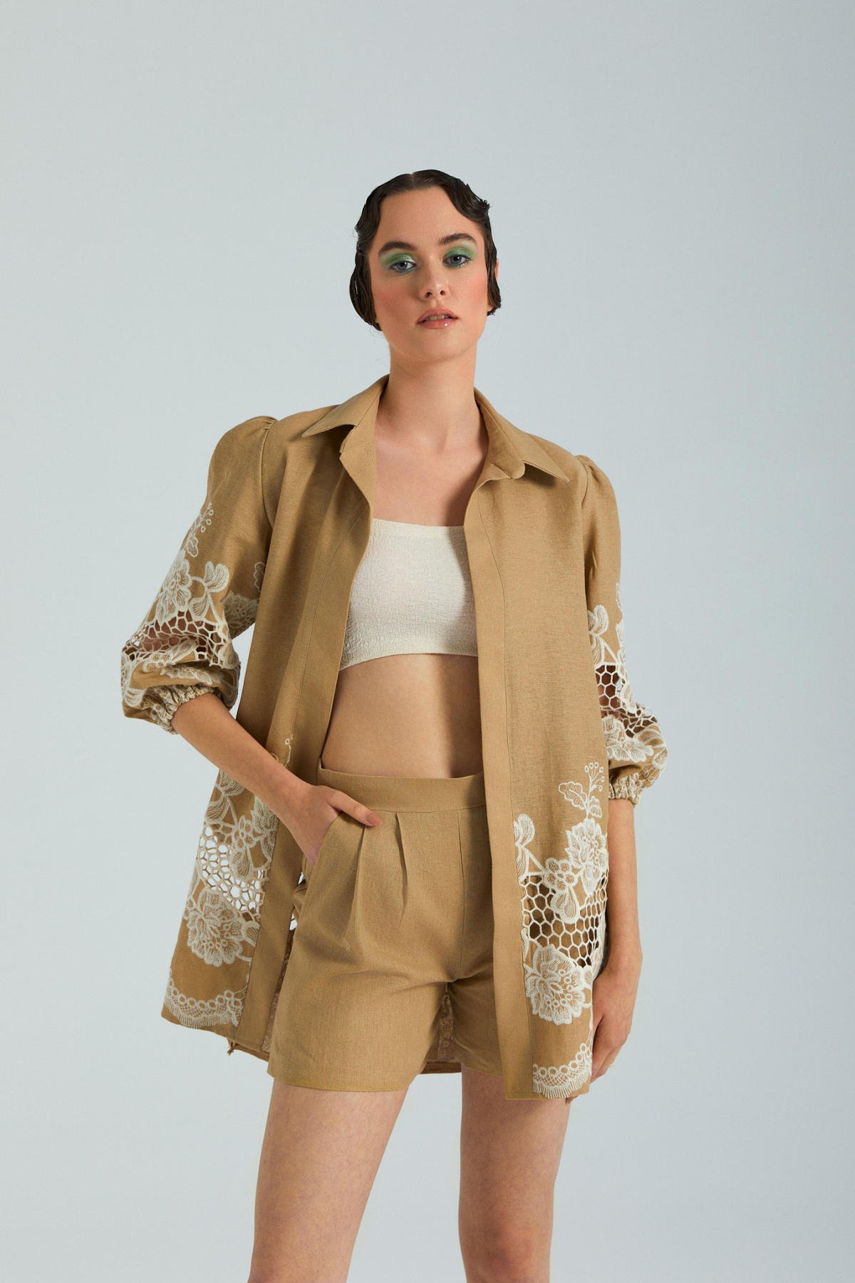 Rosa, Şort Ceket Takım, Keten Takım, Truvakar Kol, Yazlık, Gömlek Ceket