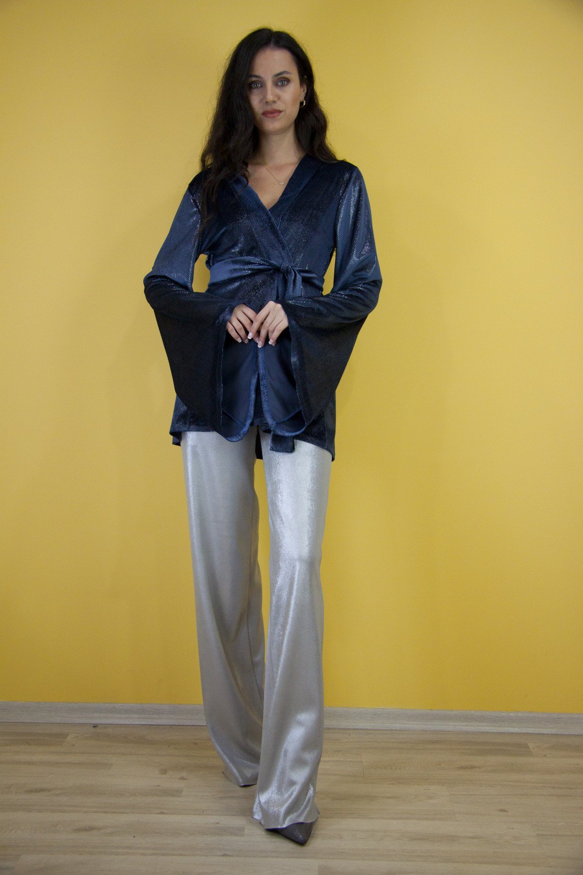 Lacivert Simli Kadife Kimono Metalik Bol Kesim Dalgıç Pantolon Takım
