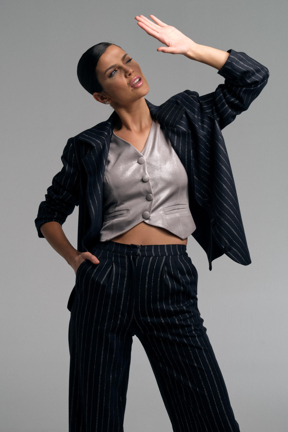 Tün, Lacivert Simli Palazzo Pantolon, Ceket, Yelek Takım