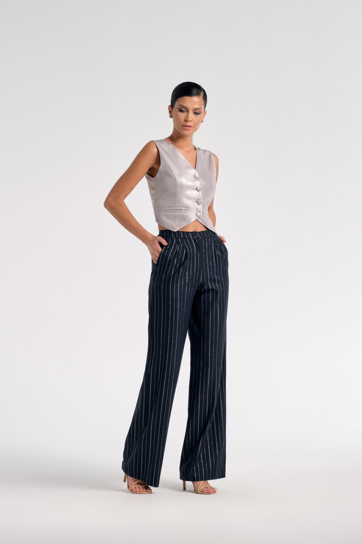 Tün, Lacivert Simli Palazzo Pantolon, Ceket, Yelek Takım