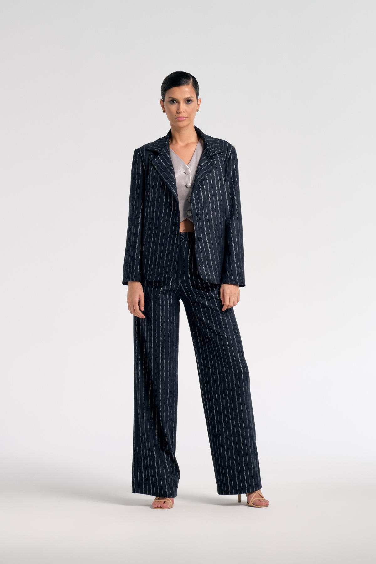 Tün, Lacivert Simli Palazzo Pantolon, Ceket, Yelek Takım